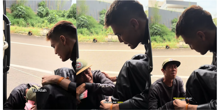 “Kneeling In Gratitude” – Grass Cutter Overwhelmed After Receiving Money From Aisar Khaled